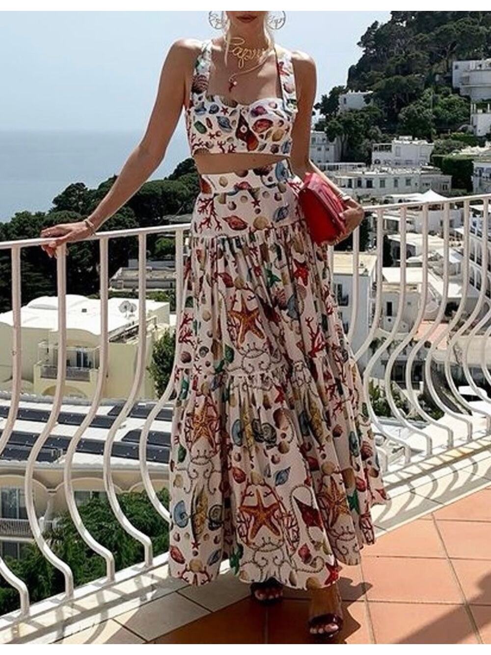 Commense NWT Printed Seashell Coral Ocean Two Piece Skirt Bustier Top Set XL